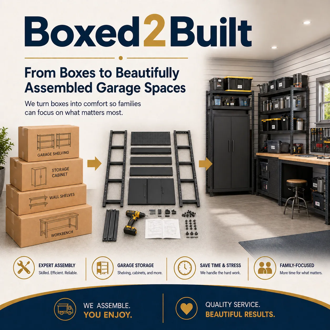 Professional garage furniture and storage assembly by Boxed2Built