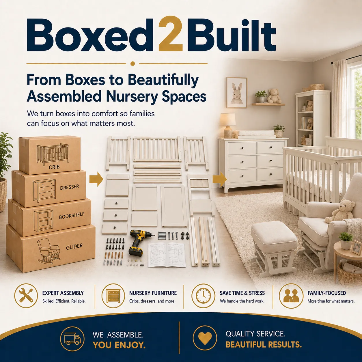 Professional nursery furniture assembly by Boxed2Built - crib and dresser setup