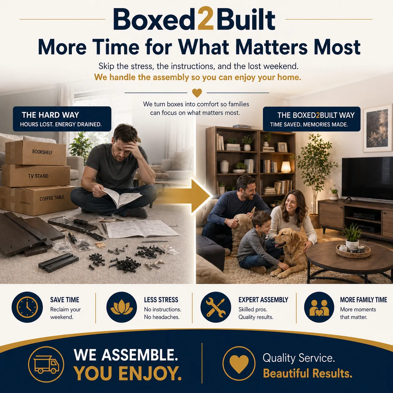 Family enjoying time together while Boxed2Built handles furniture assembly